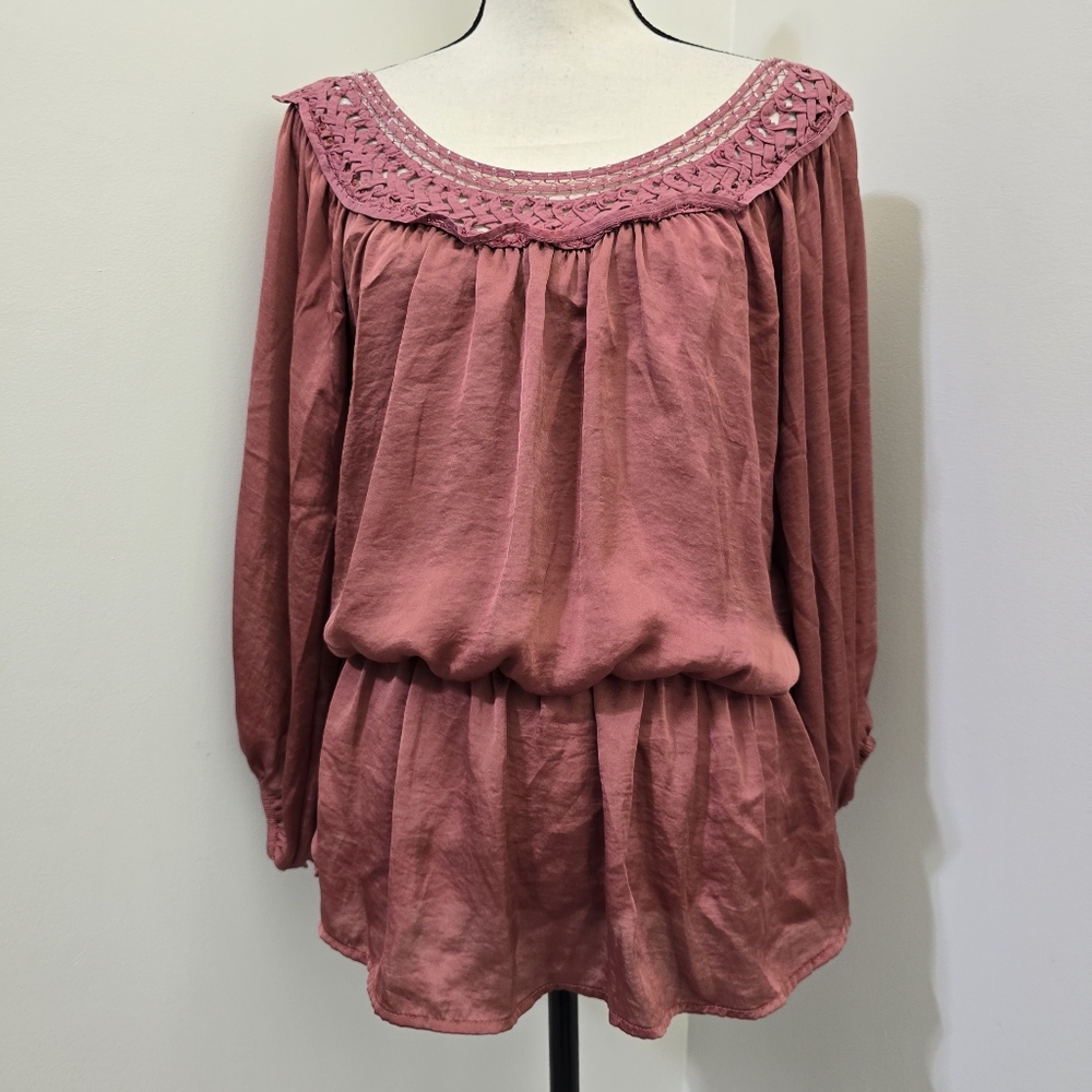 EASEL size‎ Large Pleated Embellished Satin Elastic Waist Tunic Rose Mauve